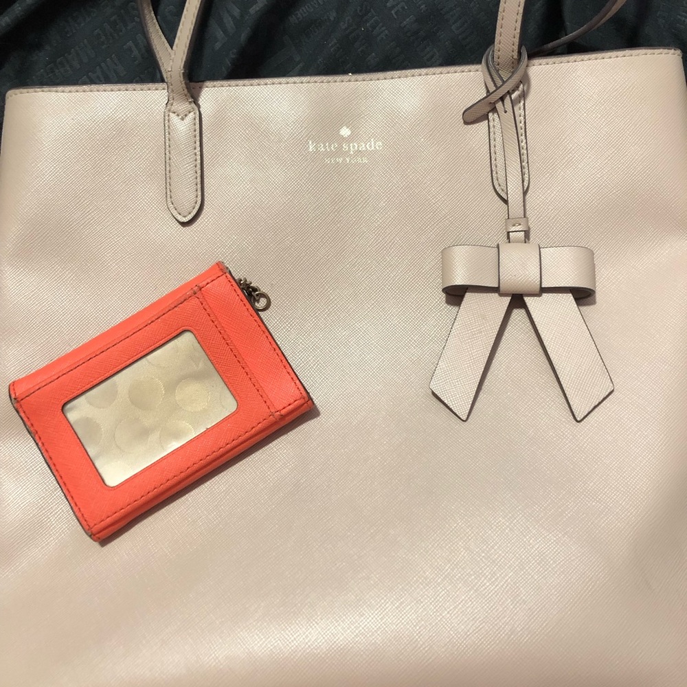 kate spade pale pink tote with bow charm and Kate Spade coral card holder
